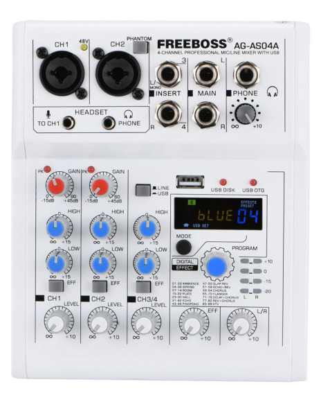 FREEBOSS AG-AS04A Микшерный пульт 4-х канальный FREEBOSS AG-AS04A Микшерный пульт 4-х канальный